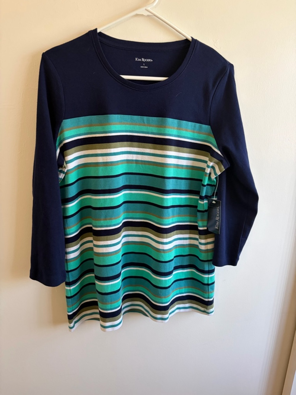 Kim Rogers Navy, Teal & White Striped Long Sleeve Crewneck